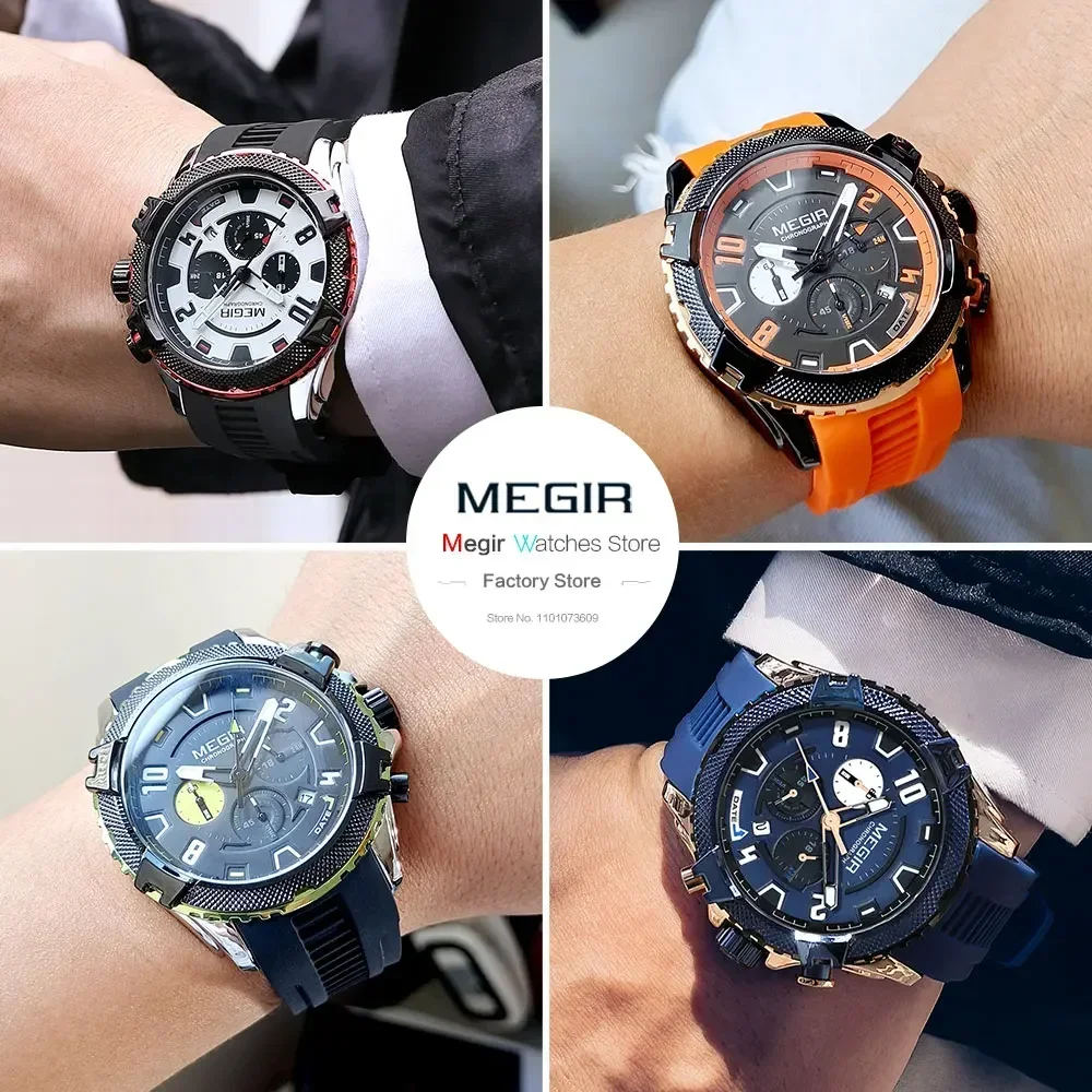 Reloj MEGIR de moda para hombre, correa de silicona naranja, cronógrafo deportivo, reloj de pulsera de cuarzo con fecha, pantalla de 24 horas, resistente al agua hasta 3atm