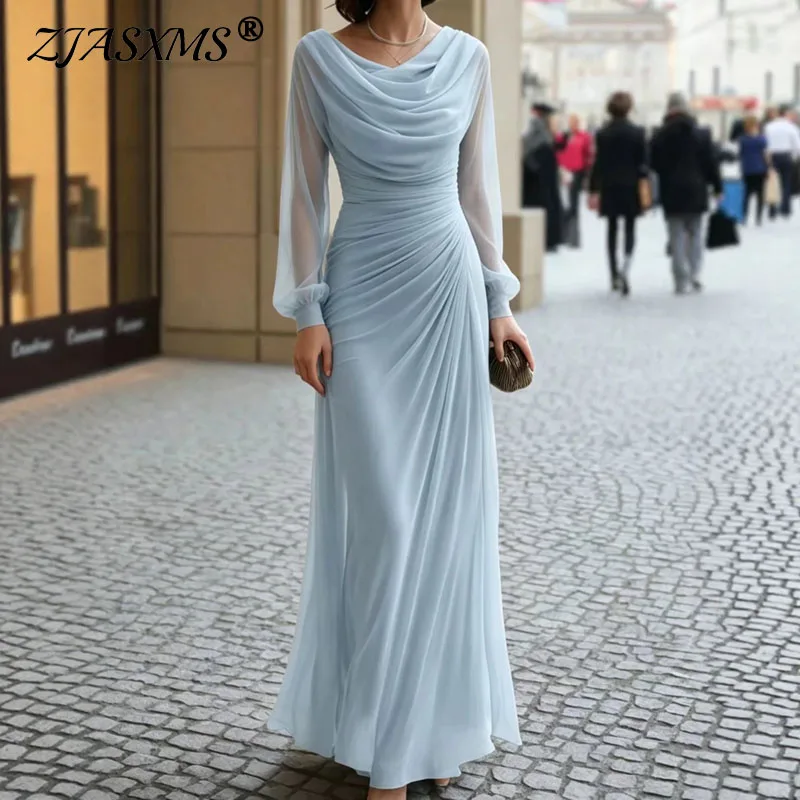 O Neck Solid Bridesmaid Dresses Woman Sheer Long Sleeve Waist Ruched Draped Dress Elegant Formal Wedding Guest Evening Slim Gown