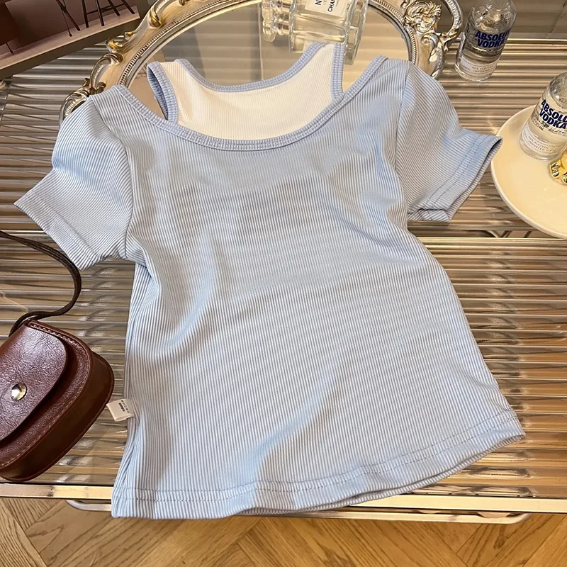 Summer Girls Short Sleeve Tops T-shirts for Kids Toddler Ice Silk Tees Cartoon Rabbit Fake Two-piece Tops Children‘s Clothes New