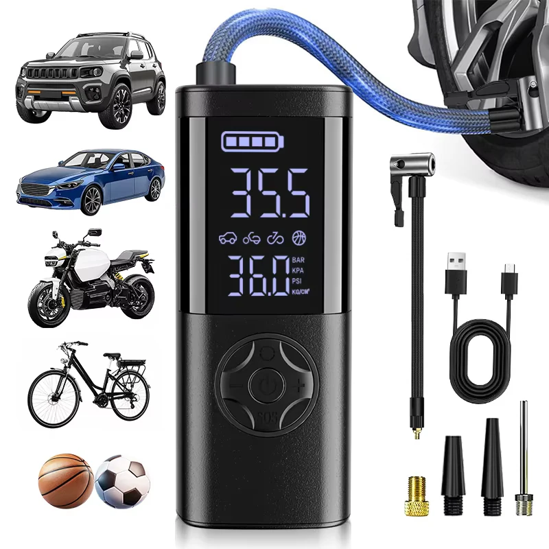 Portable Tire Inflator for Car Motorcycles Bicycle, Mini Electric Air Pump Digital Display, Handheld Wireless Air Compressor