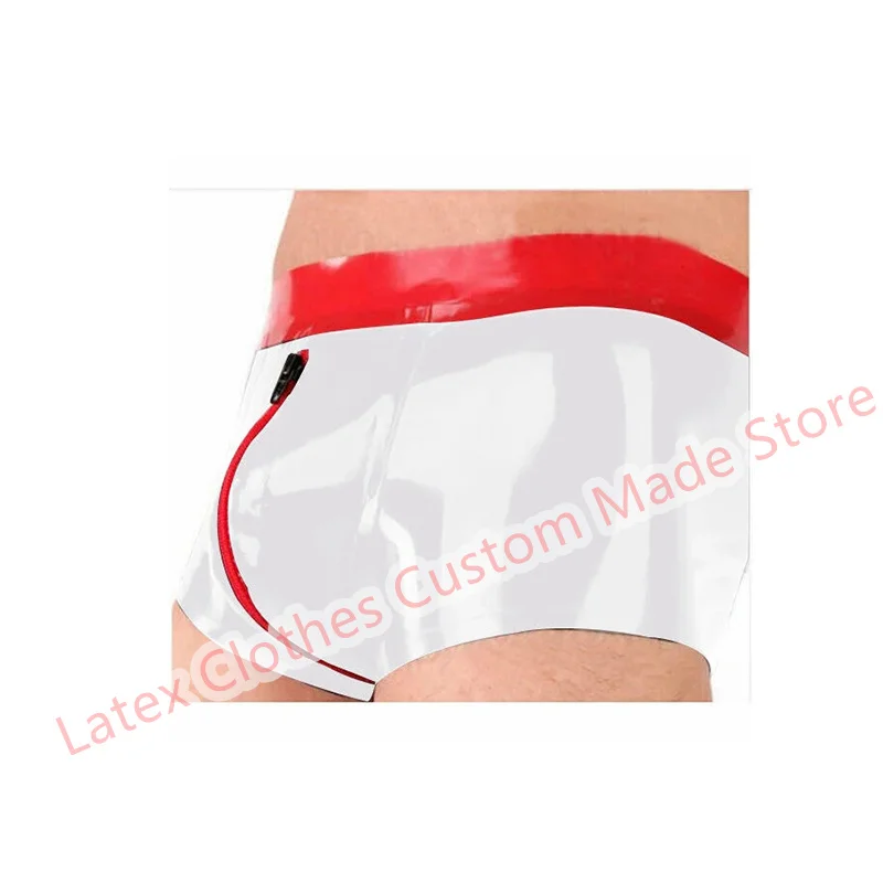 

Latex Shorts Panties White with Red Front Crotch Zip Sexy Short Pants Rubber Men's U Pouch