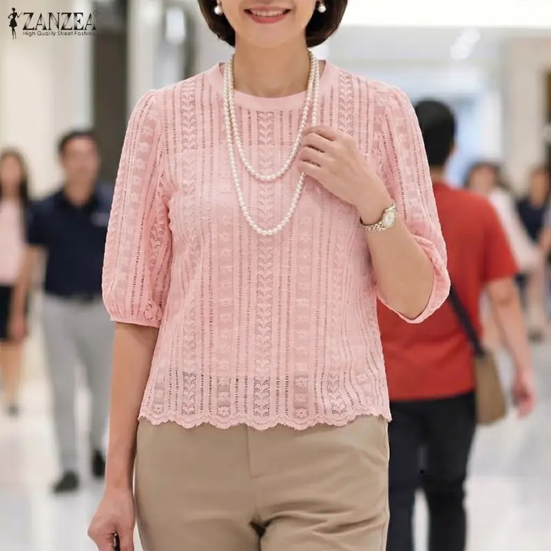 

Womens Casual Openwork Lace Blouses Elegant O-Neck Half Puff Sleeve Solid Color Tops ZANZEA 2026 Summer Commute Blusas de Mujer