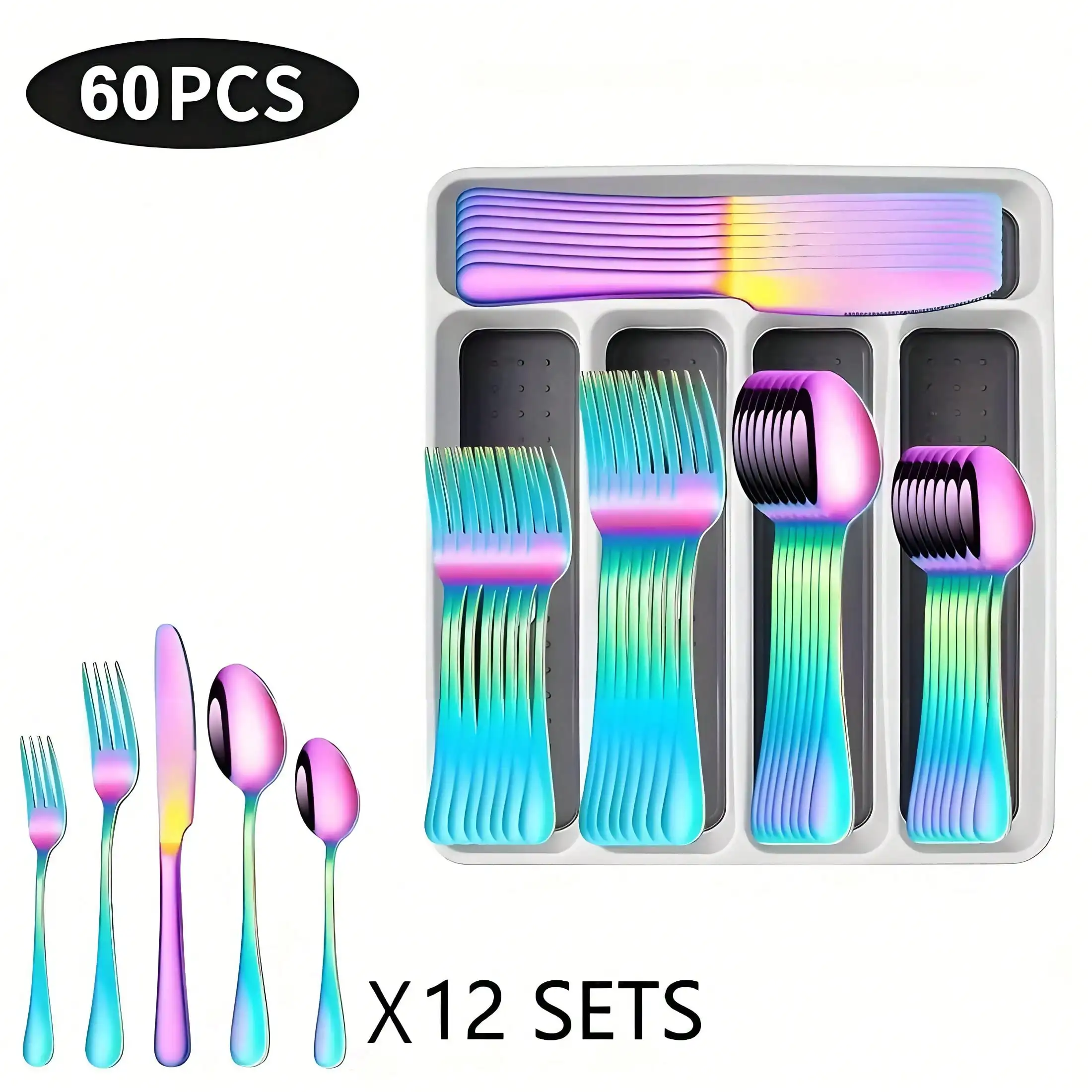 Color 30/60-Piece Silverware Sets with Organizer – Serves 6/12 People – Includes Knives, Spoons, and Forks – Stainless Steel Tab