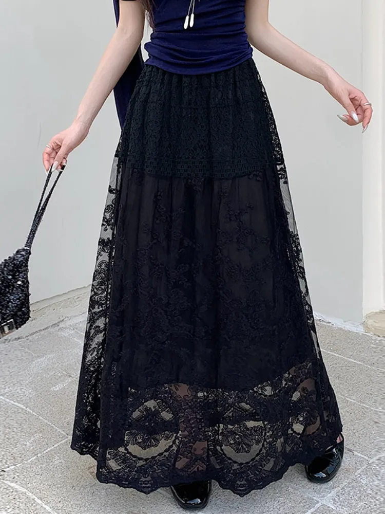 여성용 엘레 하이웨이스트 A라인 스커트 자수 레이스 미디 스커트 다용도 화이트 여름 봄 패션 2025