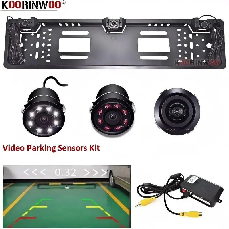 Koorinwoo Car Parking EU Number License Plate Frame With 2 Radars Auto Rearview Camera Parktronic Sensors For Car Android Radio