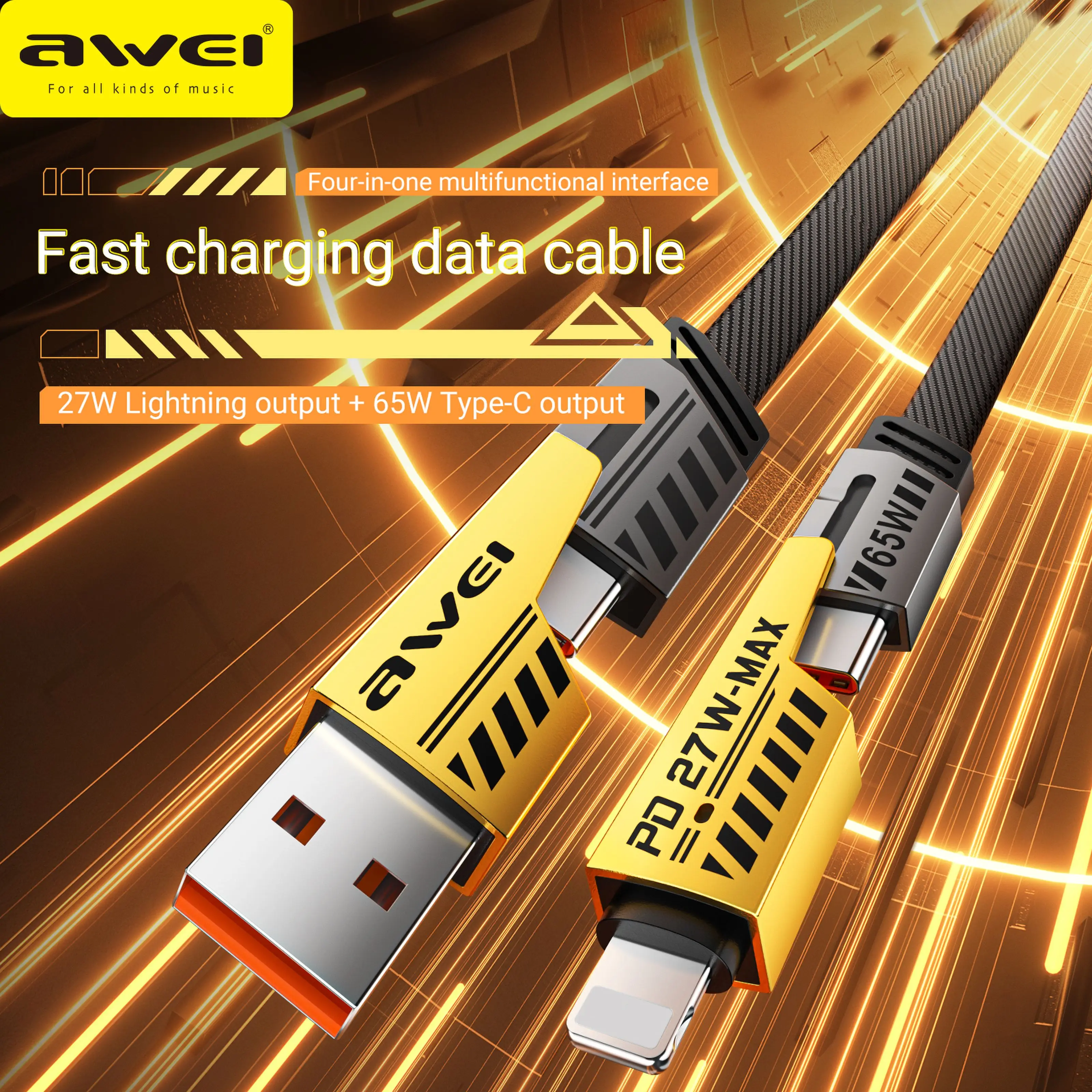 Awei Four-in-one Ultra-fast Charge PD27W Dual-charge C65w Multi-function Fast Charge Cable Suitable for Apple 15 Xiaomi Samsung