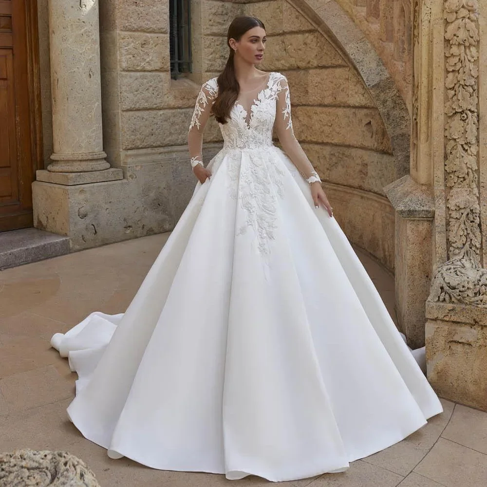 

Customized Elegant Satin Wedding Dresses Beading Applique Long Sleeves Scoop Neck Sweep Train Back Buttons A Line Gown Bride