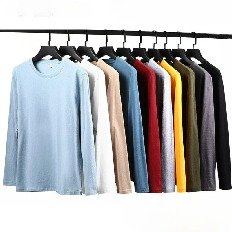 2026 Spring  Men Women Leisure Cotton Daily Long Sleeve Tops Versatile Round Neck Baggy Clothes Solid T-shirts Pull On