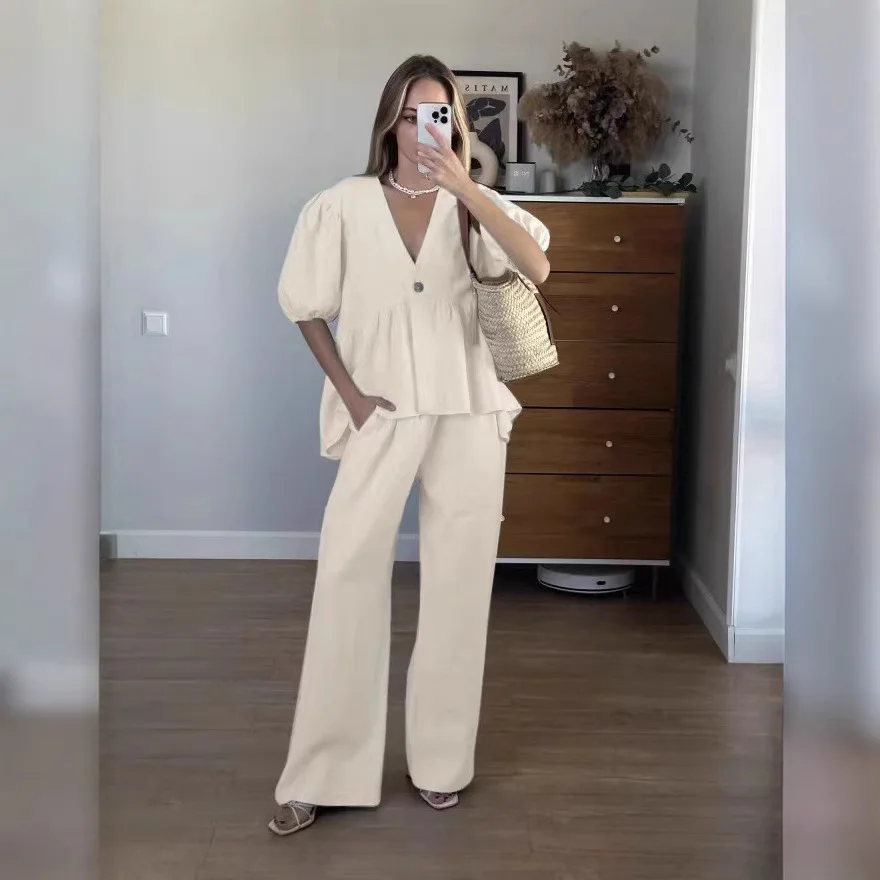 2025 Sweet Atmosphere Solid Color V-Neck Bubble Short Sleeve Lace-Up Pants Suit Women's Clothing