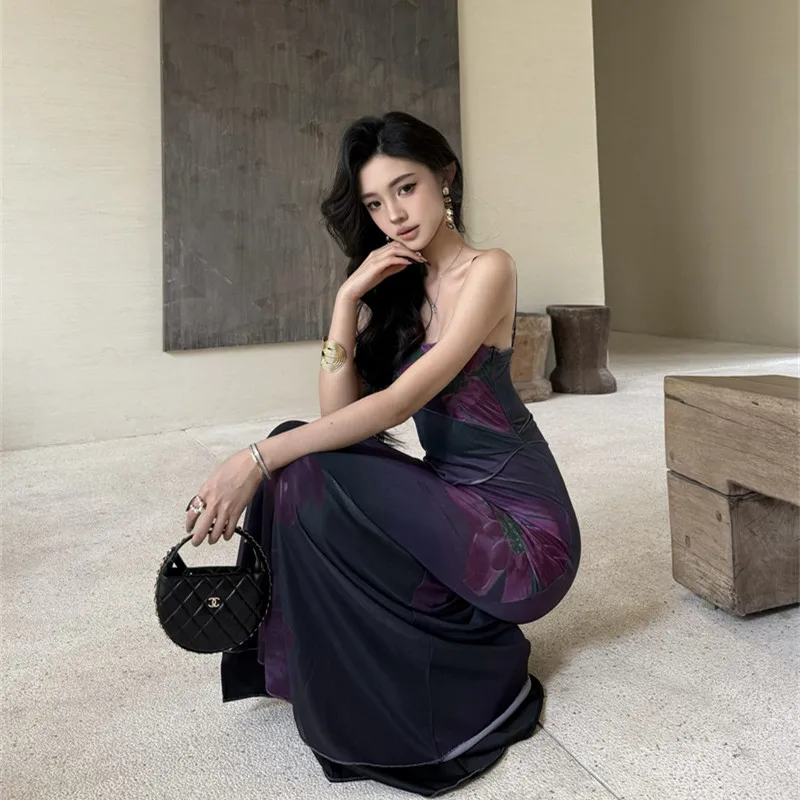กระโปรงทรงเอเข้ารูปเอวสูงลายดอกไม้สีม่วงสไตล์จีนใหม่ ดีไซน์เก๋สำหรับผู้หญิง
