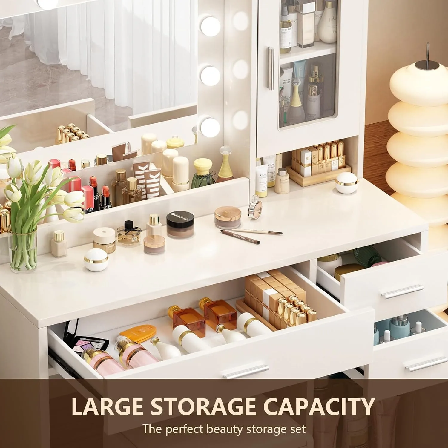 Makeup Vanity Desk Set with LED Lights Mirror Chair, Vanity Table with 7 Storage Shelves and 3 Drawers, Customized