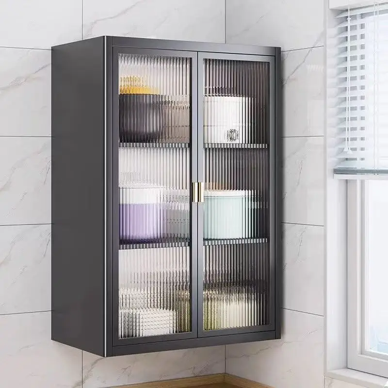 Wall Mounted Spice Storage Cabinet No Drill Carbon Steel Kitchen Organizer Dustproof Doors Two Or Three Tiers Multiple Width