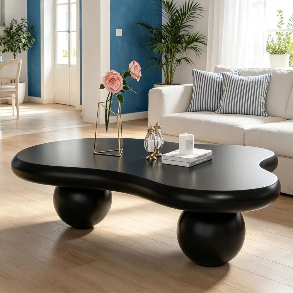 

Contemporary Black Coffee Table with 3 Ball Legs, Ideal for Books, Laptops, Snacks, and Decor (46in)