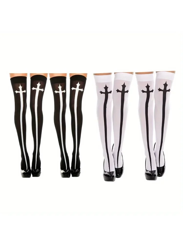 

Halloween party wear matching accessories for women's Gothic cross opaque thigh socks with long socks for novelty parties