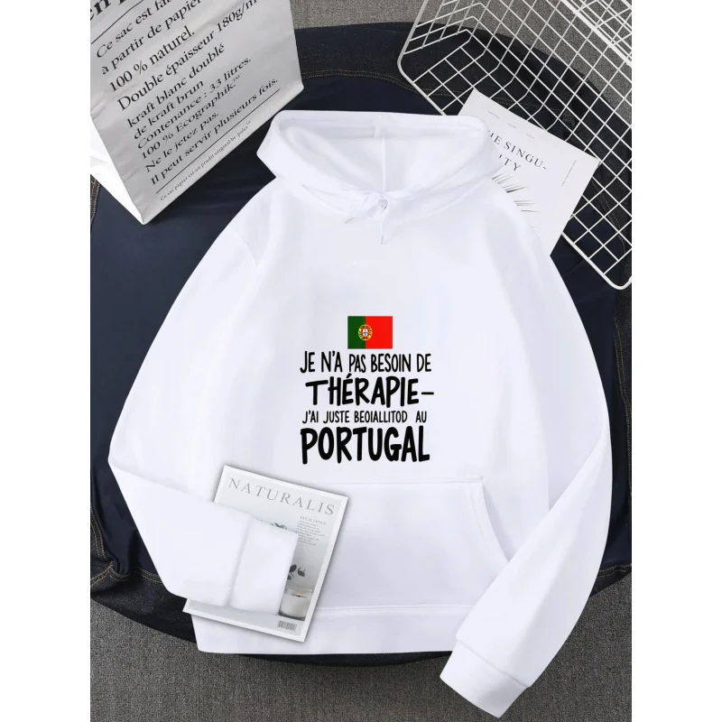 Men's Hoodie Black Portugal Flag Print I Don't Need Therapy I Just Need to Go to Portugal High Quality Cotton Casual Sweatshirt