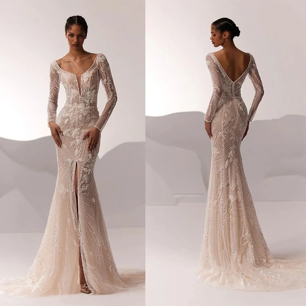

Vintage Wedding Dresses Appliques Lace V Neck Bridal Gowns with Detachable Train Mermaid Backless Customized Vestidos De Novia