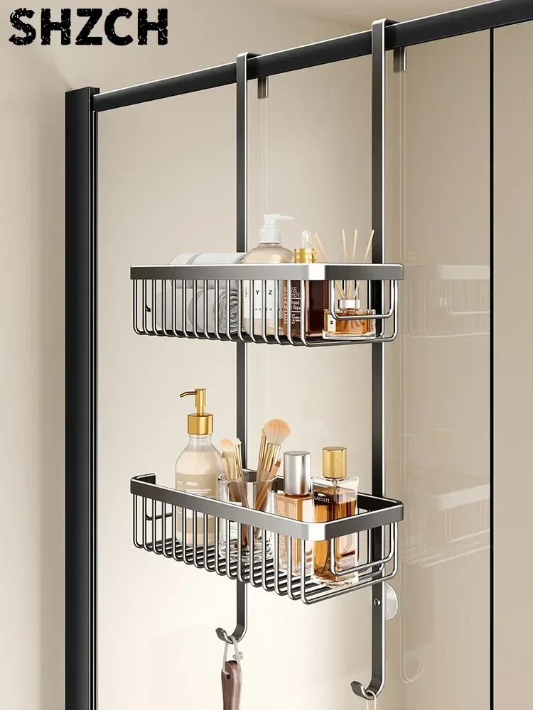 No Hole Shower Room Hanging Basket Door After The Multi-layer Shelf In The Bathroom Hanger Glass Door Partition Shampoo Holder