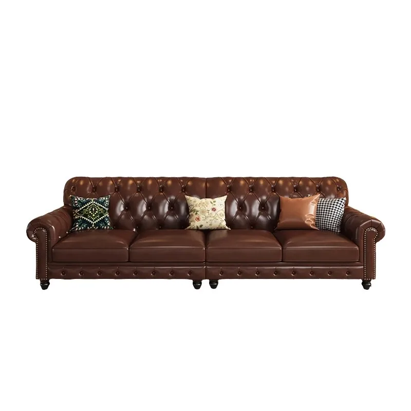 

Big Baton leather combination retro living room old light luxury oil wax leather villa sofa