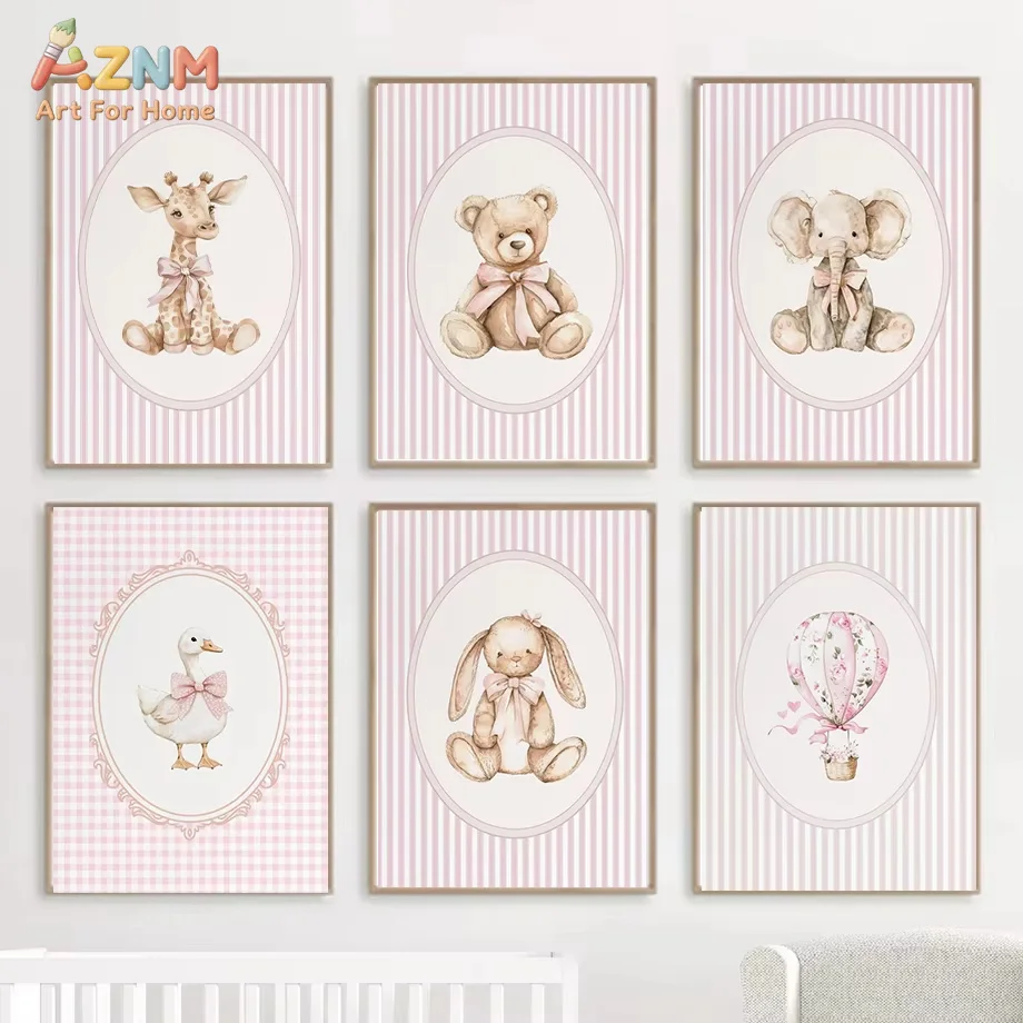 1PC Pink Bow Bunny Bear Duck Giraffe Plane Hot Air Balloon Poster Canvas Painting Print Wall