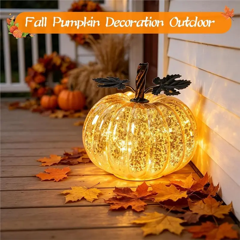 AAAN-Glass Pumpkin Light , Battery Operated Led Pumpkin Lamp, Ideal For Halloween Fall Decoration, Thanksgiving Rustic Decor