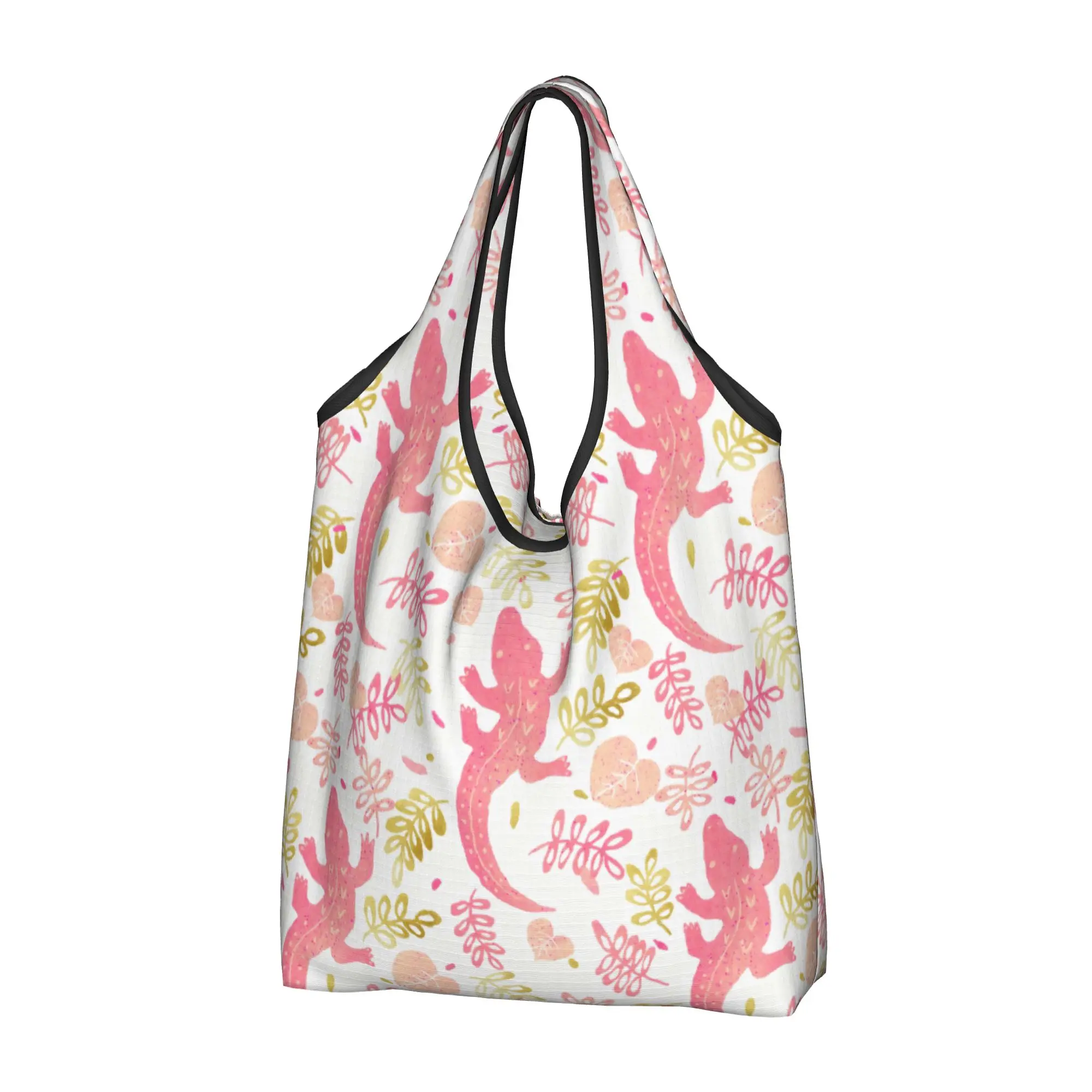 Funny Pink And Gold Alligators  Shopping Tote Bag Portable Crocodile  Animal Reptile   Groceries Shopper Shoulder Bag