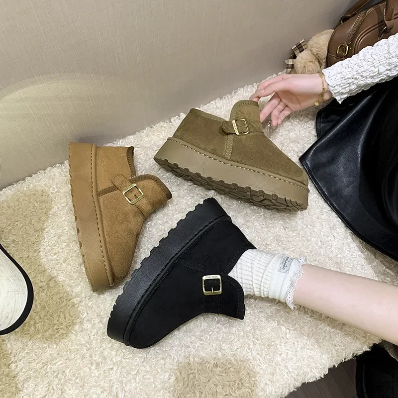 

Women's Winter Snow Boots Large Size Short Tube Thick Bottom Cotton Shoe Belt Buckle Northeast Fleece Surface Cotton Boot