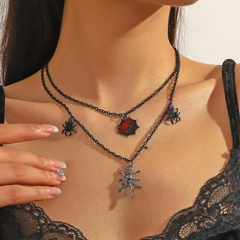 Lightweight Halloween Jewelry Dark Style Halloween Necklace with Spider Bat Skull Pumpkin Pendants Double-layer for Women