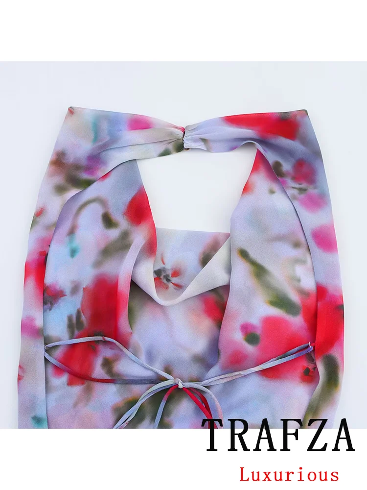TRAFZA Vintage Casual Sexy Vrouwen Jurk Bloemenprint Halter Backless Rechte Vestidos Nieuwe Mode 2025, Lente Zomer Strand Jurk