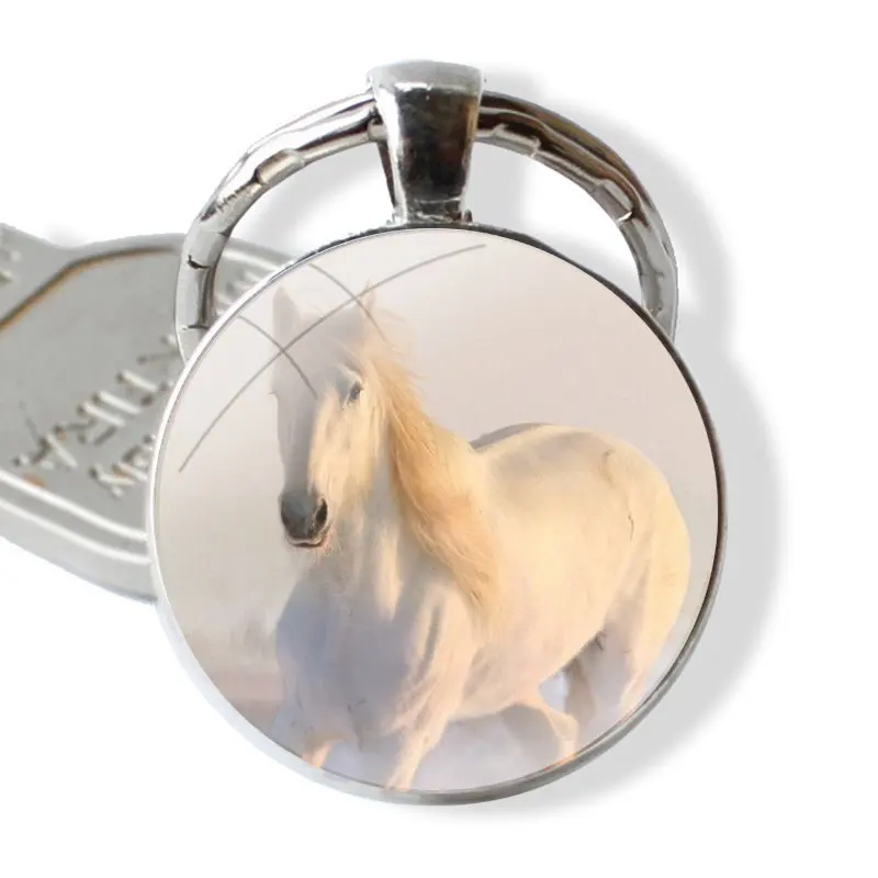 Keychain Glass Cabochon Metal Pendant Classic Men's Women's Keyring Superb Stunning Stallion White Horses