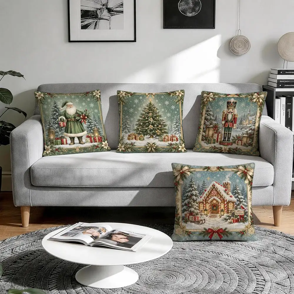 Christmas Winter Theme Cushion Cover Natural Breathable Durable Linen Printed Decor Pillow Case Sofa Bedroom