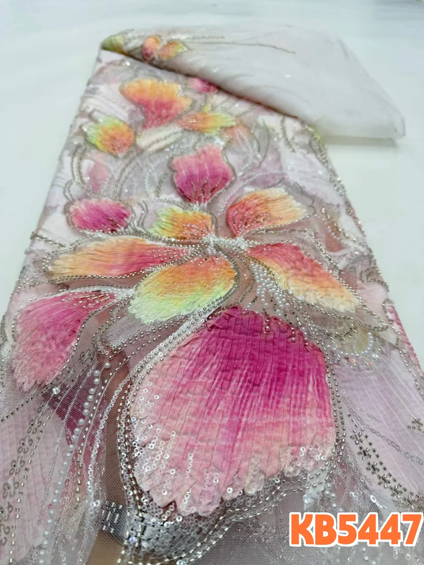 Gradient Colors 3d Flower Lace Fabric French Mesh With Sequence Luxury Laces On Sale 5 Yards Dubai Beaded Lace Fabrics KB5465
