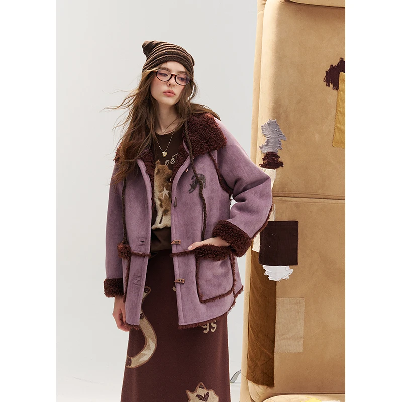 ELFSACK Women's Outerwear with Embroidery Pattern, Faux Shearling Collar Woolen Coat, Loose Fit Cozy Winter Jacket