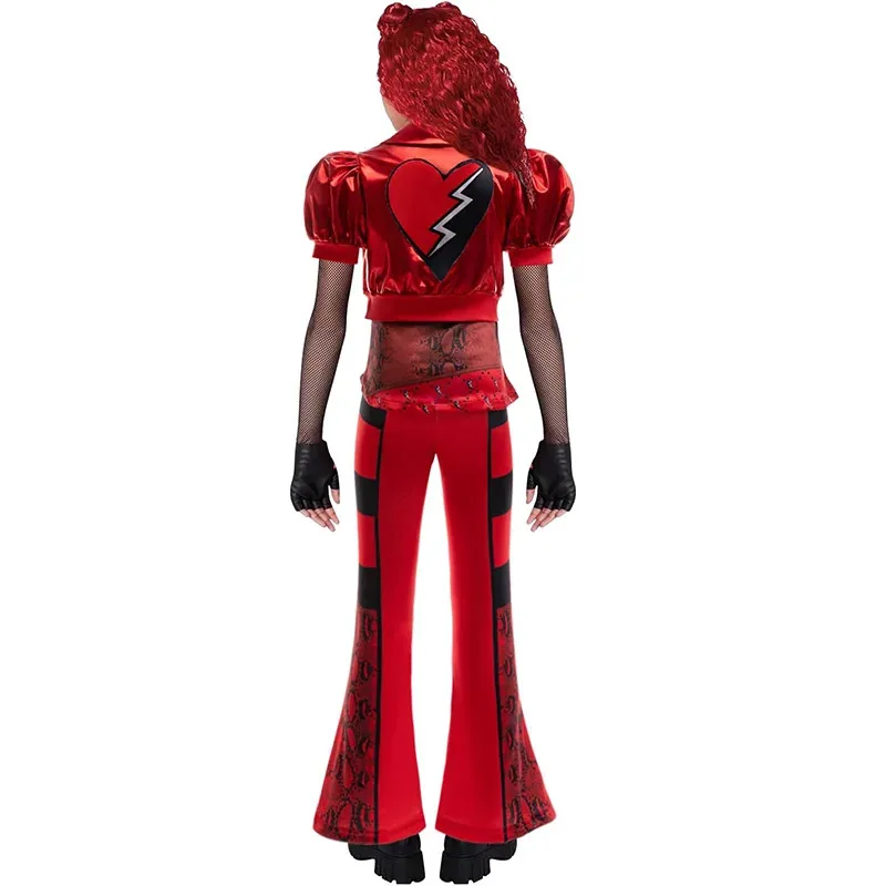 멋진 소녀들을 위한 레드 재킷+프린트 탑+팬츠 세트 (가발 포함) - 라이즈 레드 프린세스 생일 파티, 할로윈, 크리스마스 드레스업 (4-10세)