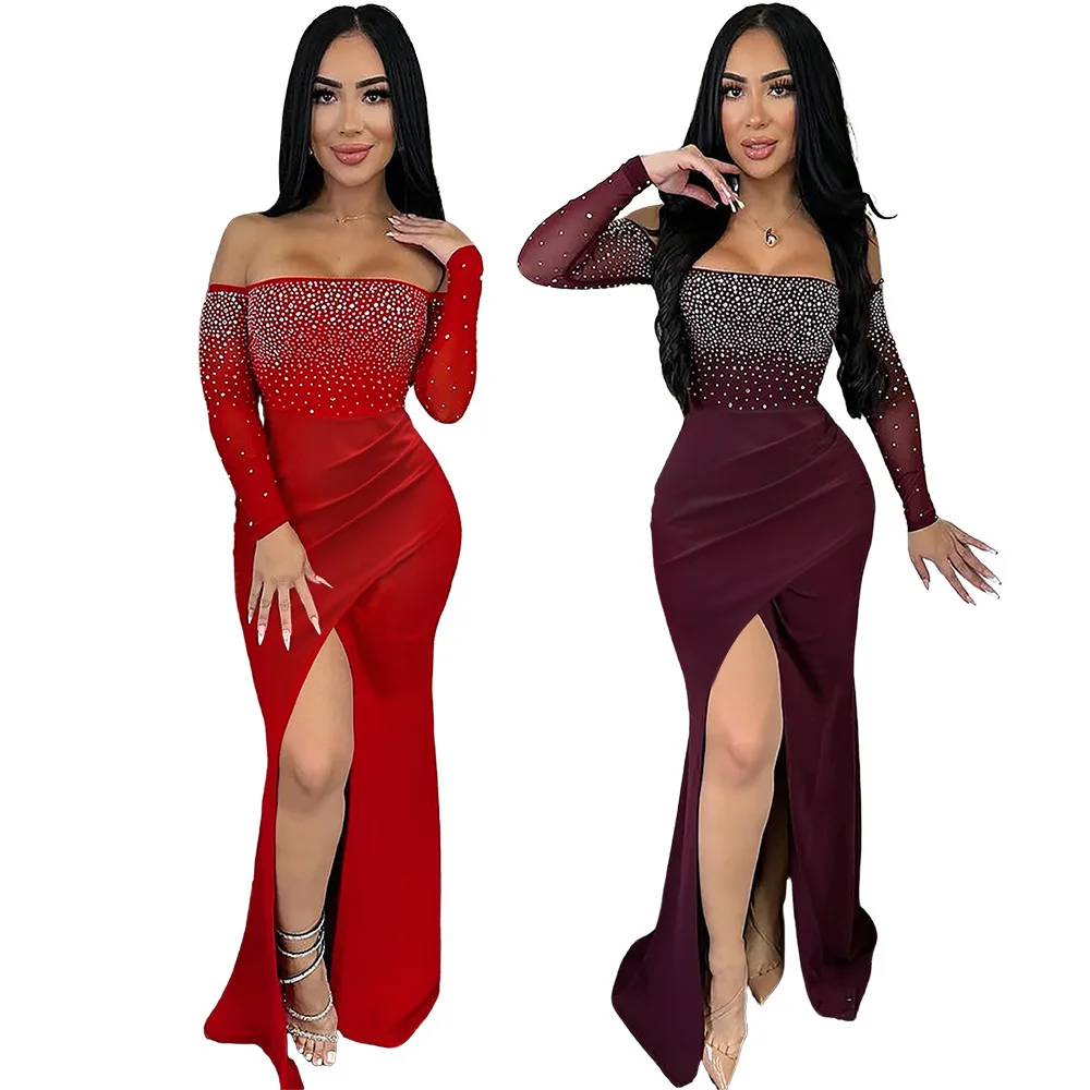 

EINY Elegant Rhinestone Patchwork Bodycon Prom Long Dress Woman Off Showlder High Slit Dresses Lady Streetwear Vestidos Evening