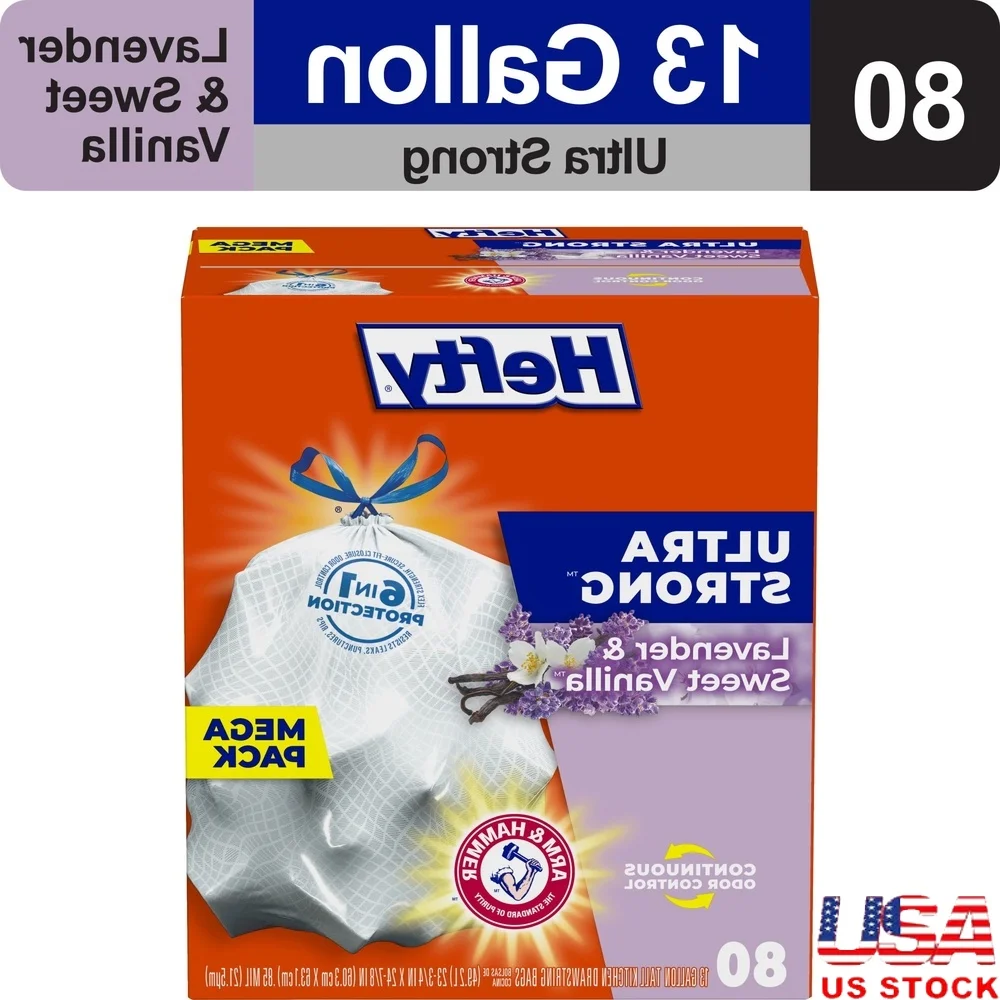 

Сверхпрочные 13-галонные мешки для мусора, кухонные мешки с контролем запаха, лаванда, сладкая ваниль, ароматизированный шнурок, герметичный, 80 шт.