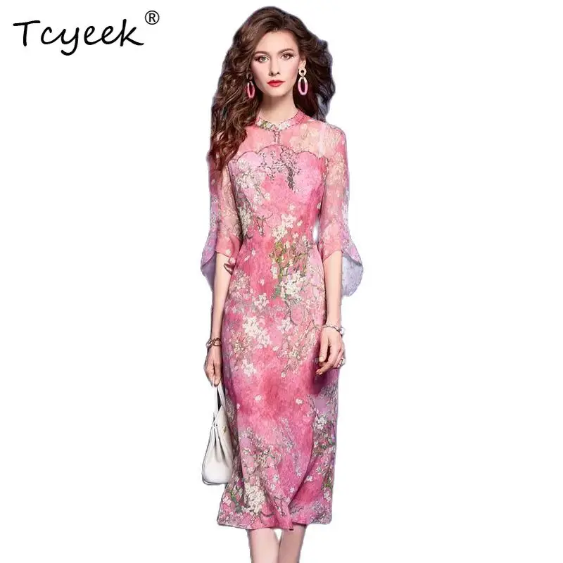 Tcyeek 100%Real Silk Elegant Dresses For Women, New Chinese Style, Flower Printed Vintage Gentle Dress, 2024 Summer D42134QC