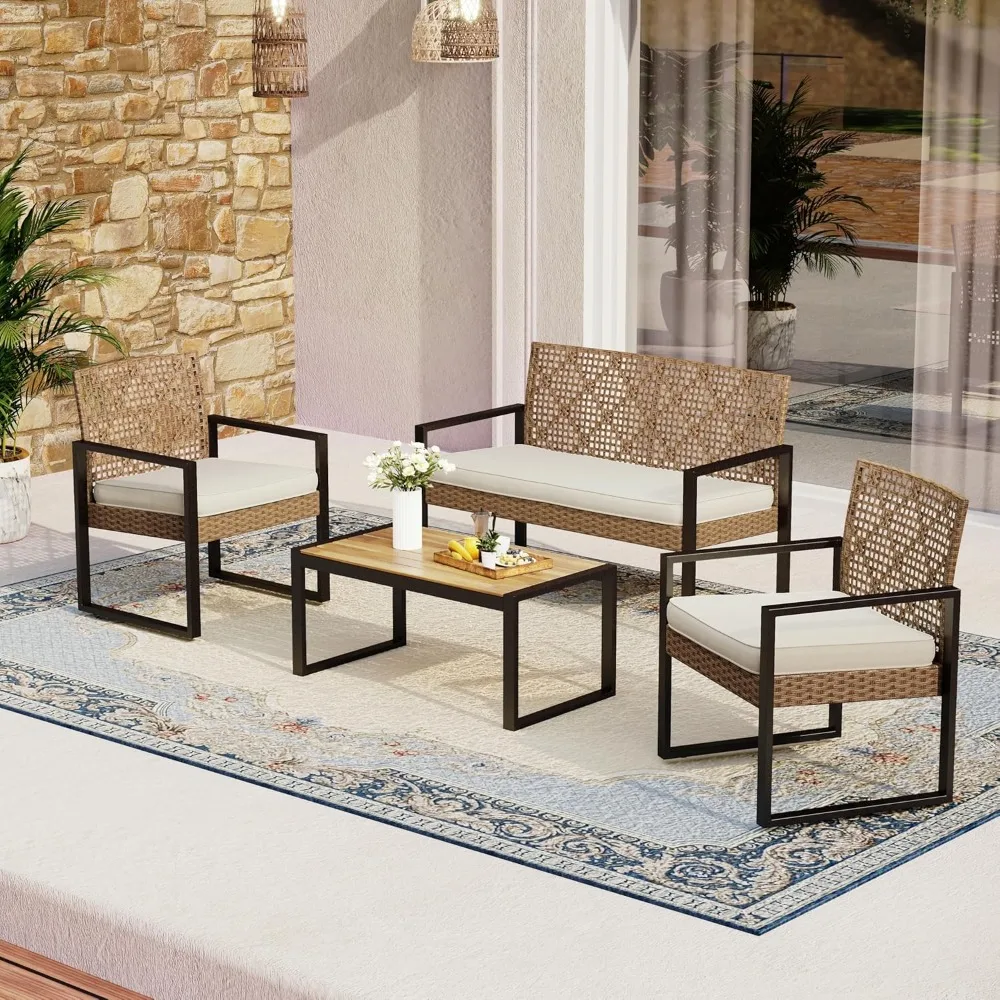 

Patio Rattan Sofa Furniture Set for 4, Outdoor Brown Wicker Conversation Furniture with Wood Table, Sofa and 2 Chairs w