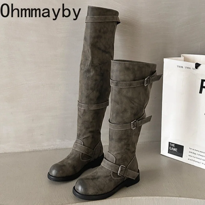 Women Vintage Distressed Knee High Boots Round Toe Double Buckle Strap Low Heel Shoes Autumn Winter Ladies Knight Long Booties