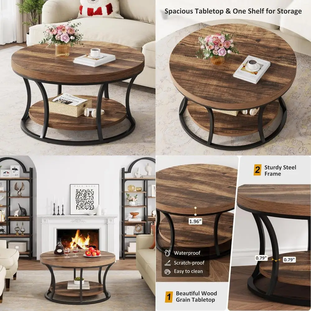 

современный 2-уровневый круглый журнальный столик с местом для хранения вещей, центральный столик в деревенском коричневом стиле.