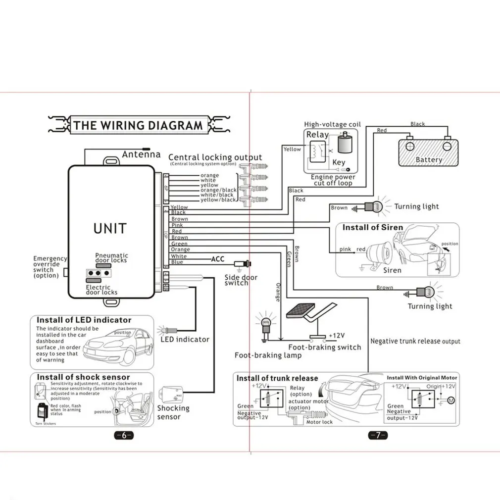 Picture 7: Car Auto Burglar Alarm Protection 2Remote Control Door Lock with Siren Wiring Harness Anti-Theft System Immobiliser Dropshipping