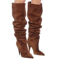 Brown Suede Burgundy Leather Pleated Tube Slip On Knee High Boots Women Pointed Toe Spike Heels Two Ways Wear Thigh Long Boots