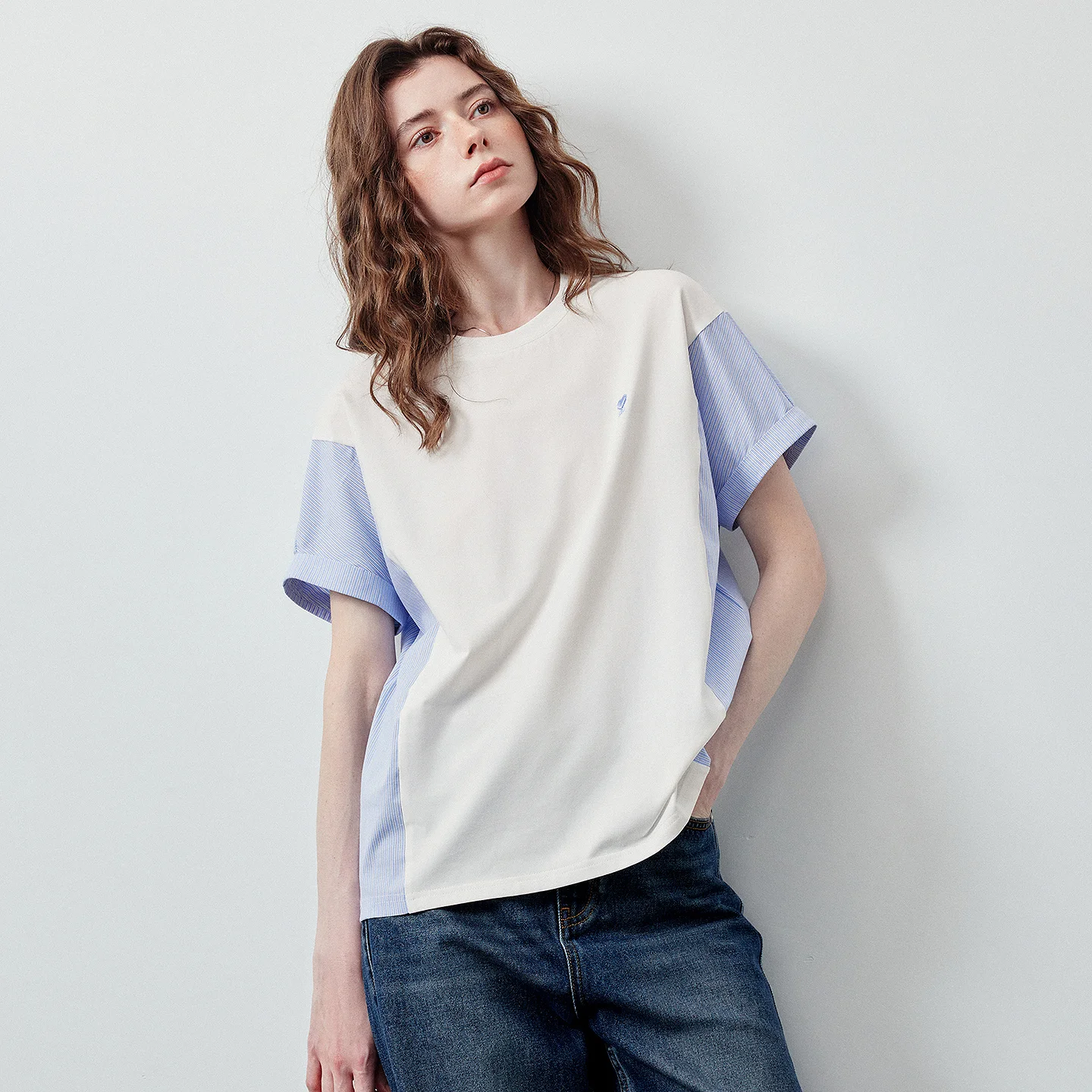 TOYOUTH Women 5A Antibacterial Ice Porcelain Cotton T-Shirt 2026 Summer New Patchwork Stripe Deconstruction Design Pullover Tops