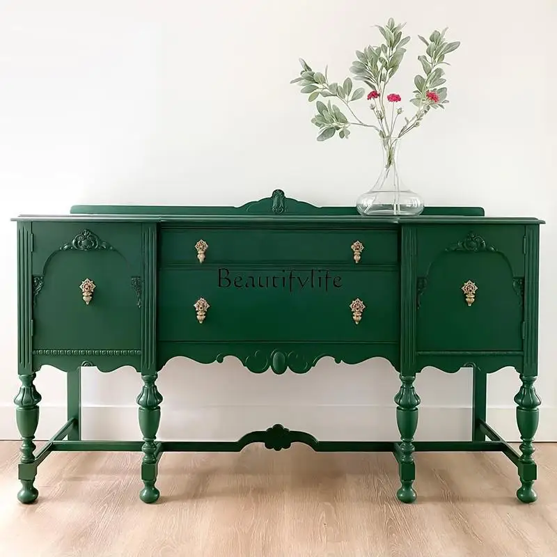

French Style Solid Wood Sideboard Cabinet Carved Storage American Restaurant Vintage Green Bowl and Plate Storage Cabinet
