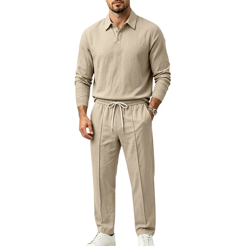 Men's linen lapel collar long-sleeved polo straight trousers two-piece set spring and autumn pullover casual suit