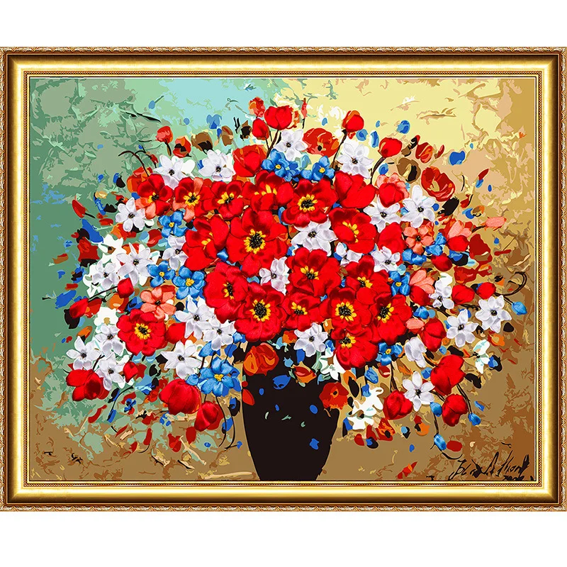 

2025 Quick DIY Wedding Ribbon Cross stitch Set for Embroidery Beginners, Red Flowers Needlework Handwork Wall Decor