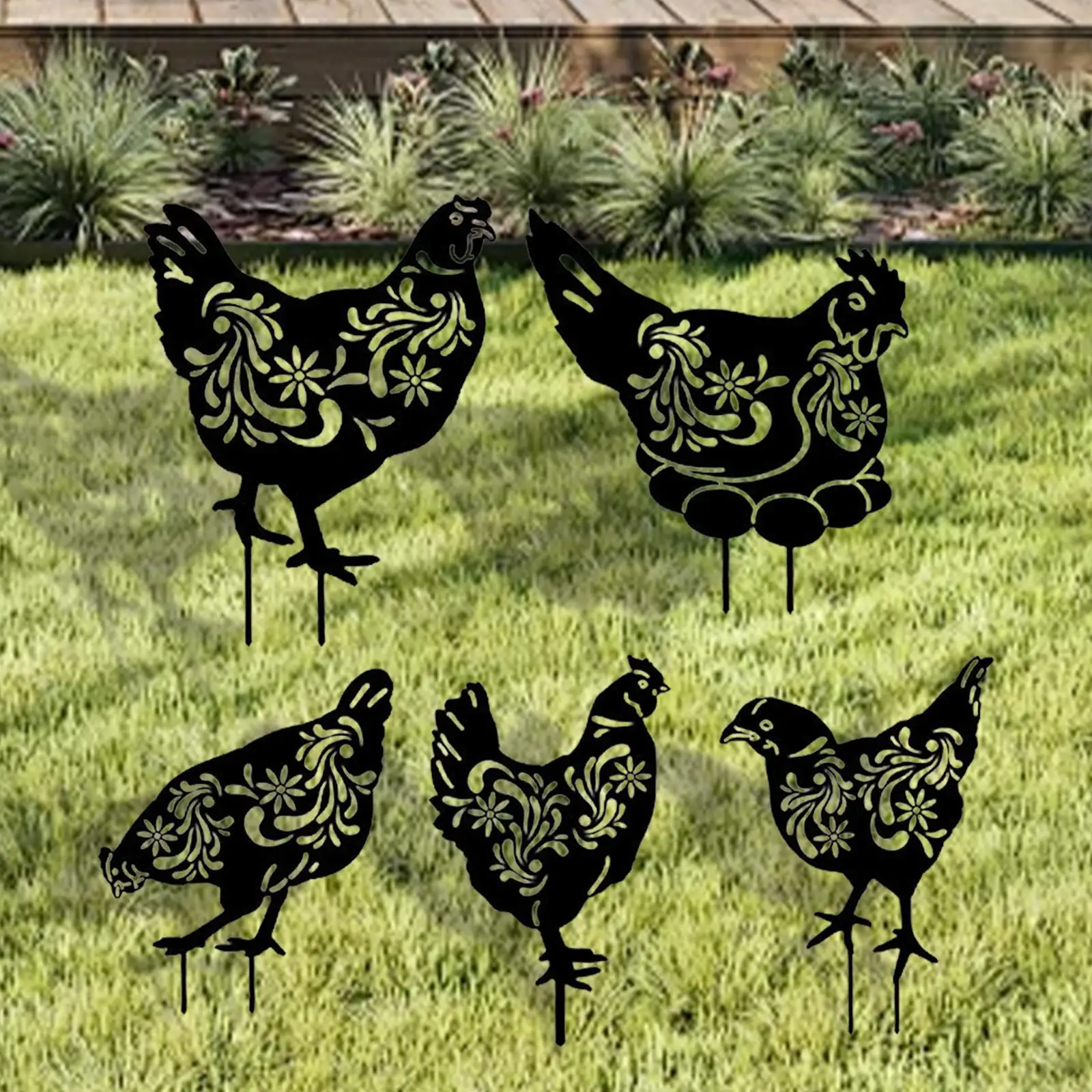 

5 Pieces Metal Chicken Yard Art Stakes Lawn Ornament Sturdy for Outdoor Decor Silhouette Statue Backyard Decoration