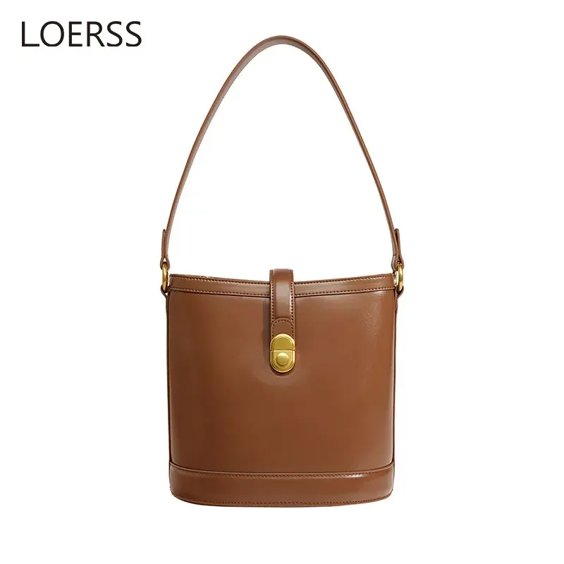 LOERSS-Bolsa de balde vintage de couro de vaca para mulheres, moda de deslocamento, bolsa de ombro casual tiracolo feminino