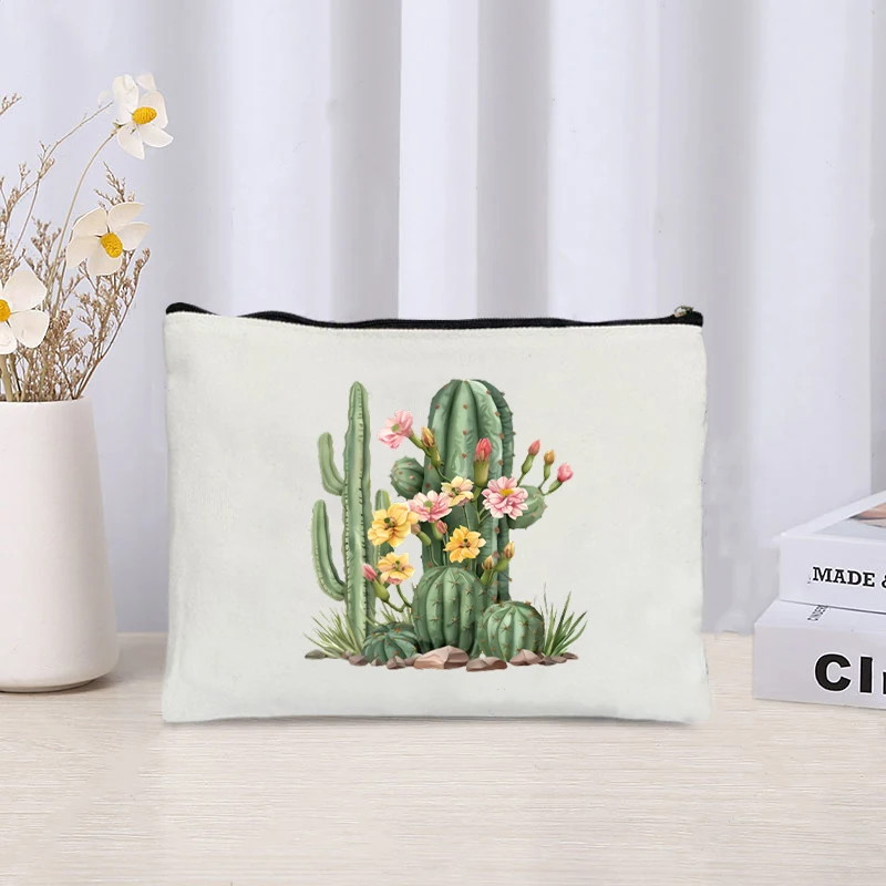 Flower Cactus Print Canvas Cosmetic Bag Organizer donna Travel Sundry Storage Zipper Pouch cancelleria forniture per ufficio Pencil Bag