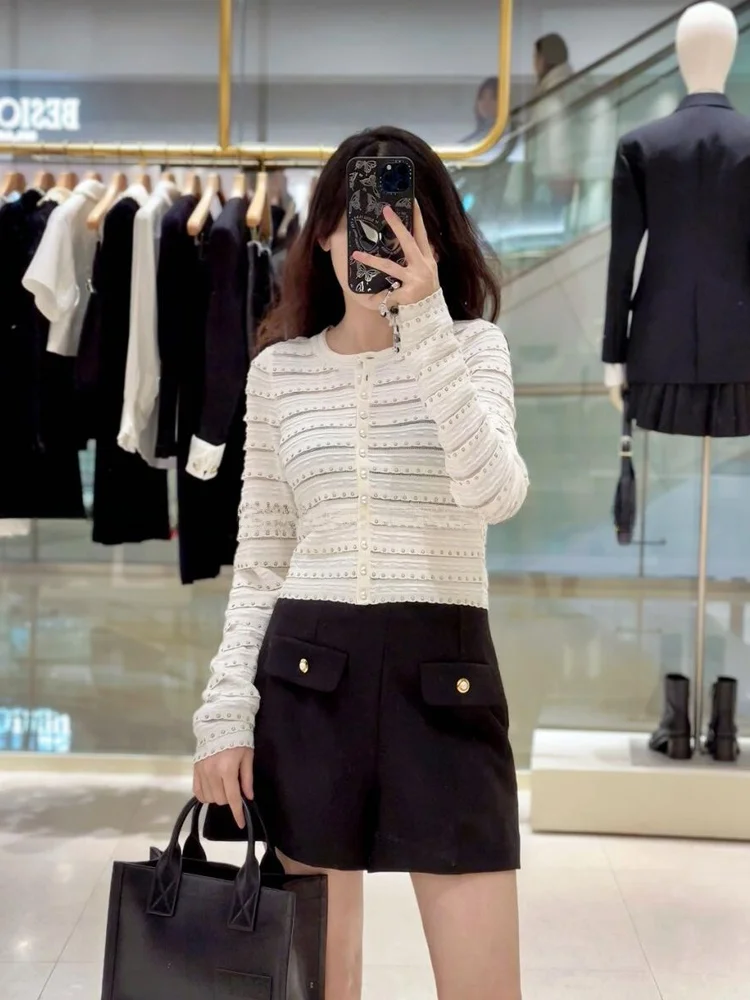

Faionable ort Knitted Pearl Stripe Cardigan Women's Top Korean Sle All-Match Ele Autumn Winter New Arrival