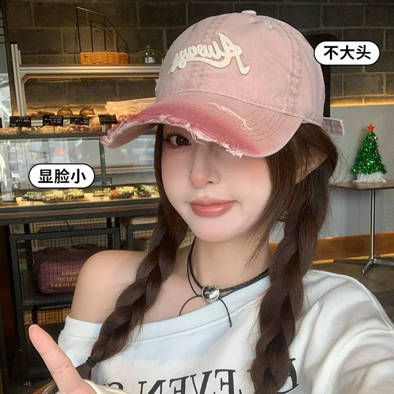 Rustic Cross Baseball Cap with Tear Gradient Color Duckbill Hat Adjustable Punk Style Breathable Long Brim Wide Head Circumfe...